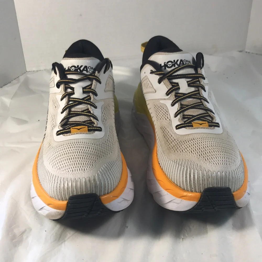 Hoka One One Bondi 7 Mens White Mesh with  Orange & Yellow Lace Up Running Shoes